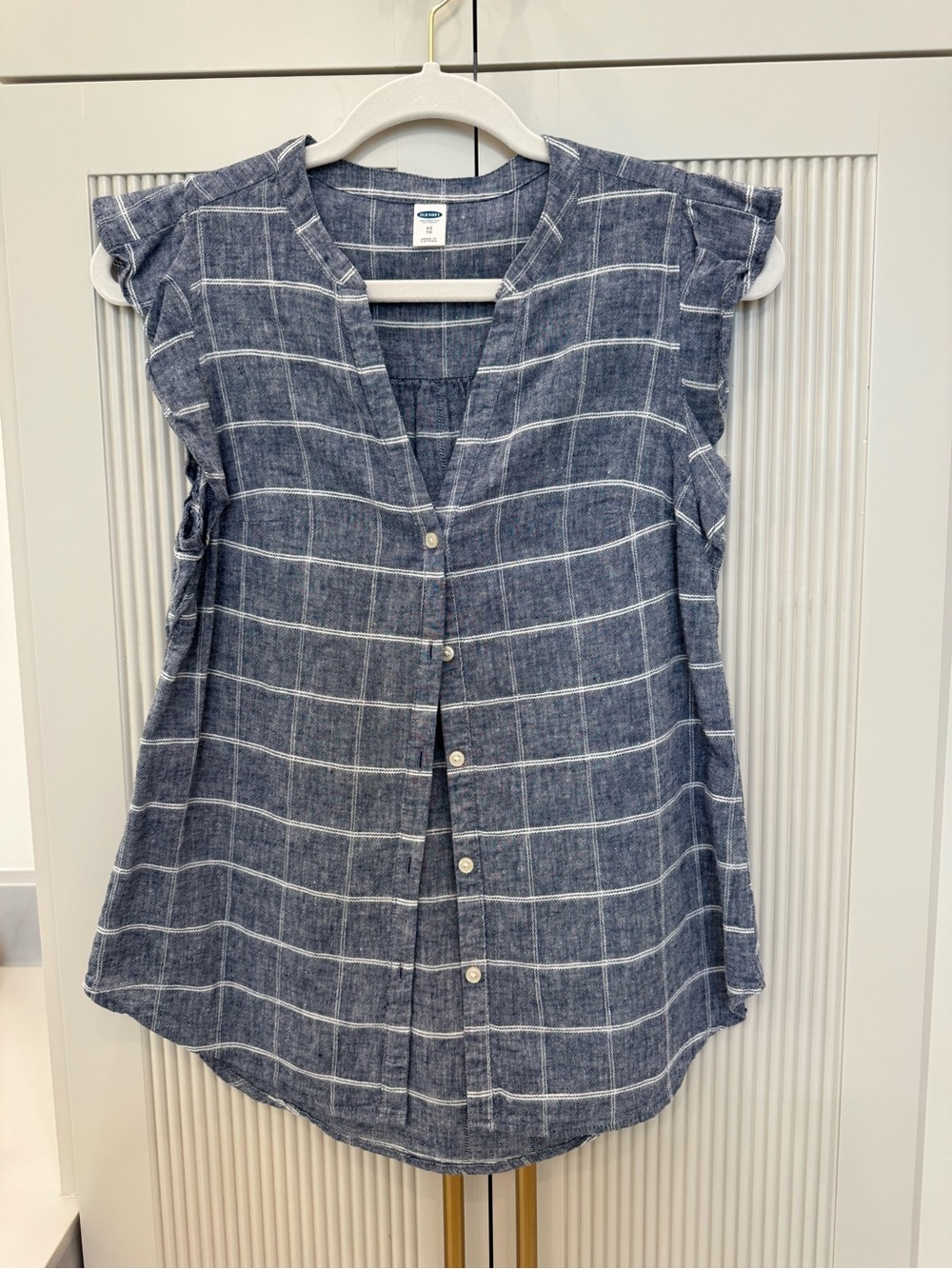 Old Navy Blue Windowpane Button-Front Cap-Sleeve Top